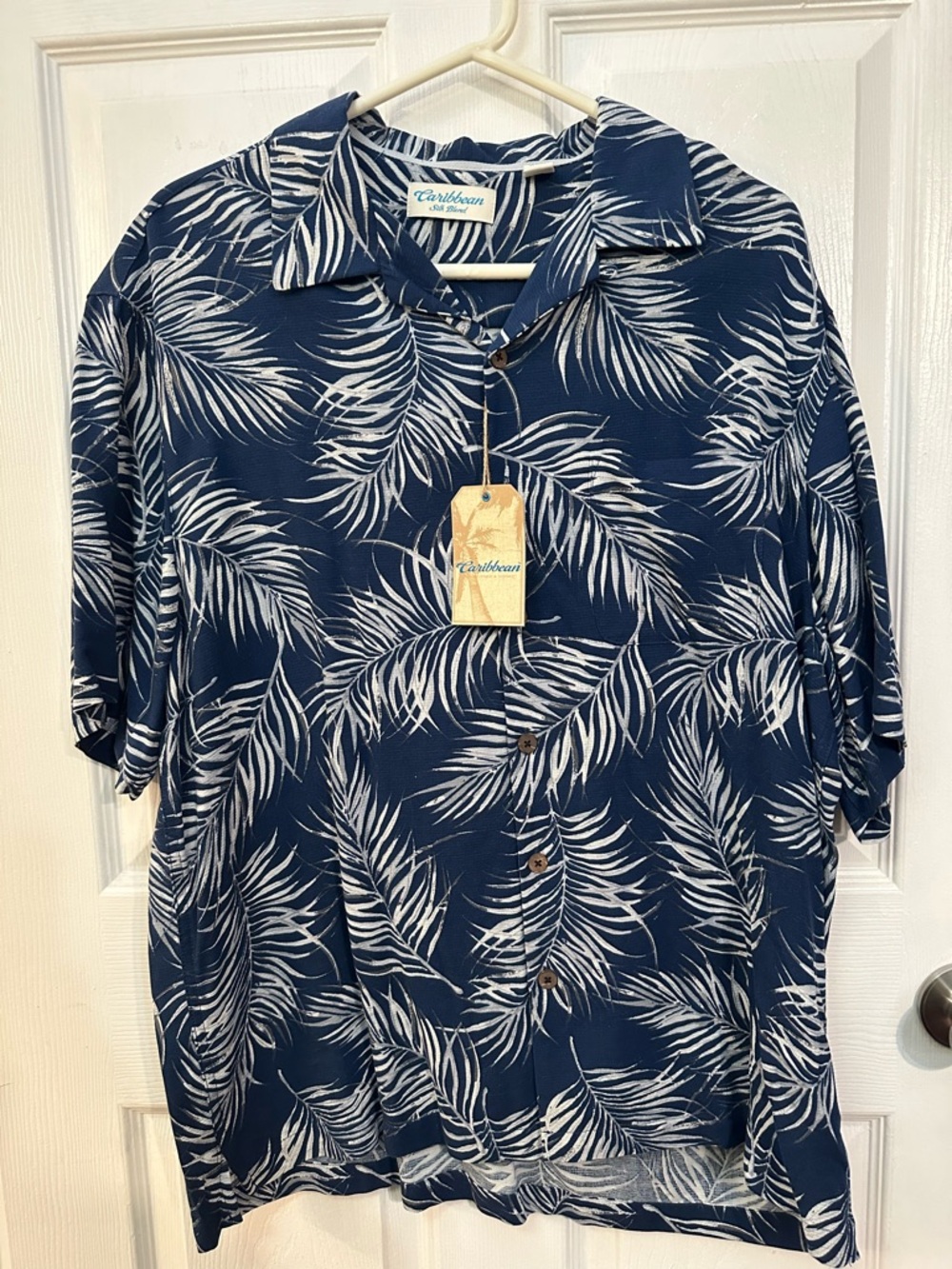 Caribbean Navy Palm-Leaf Short-Sleeve Button Down Shirt